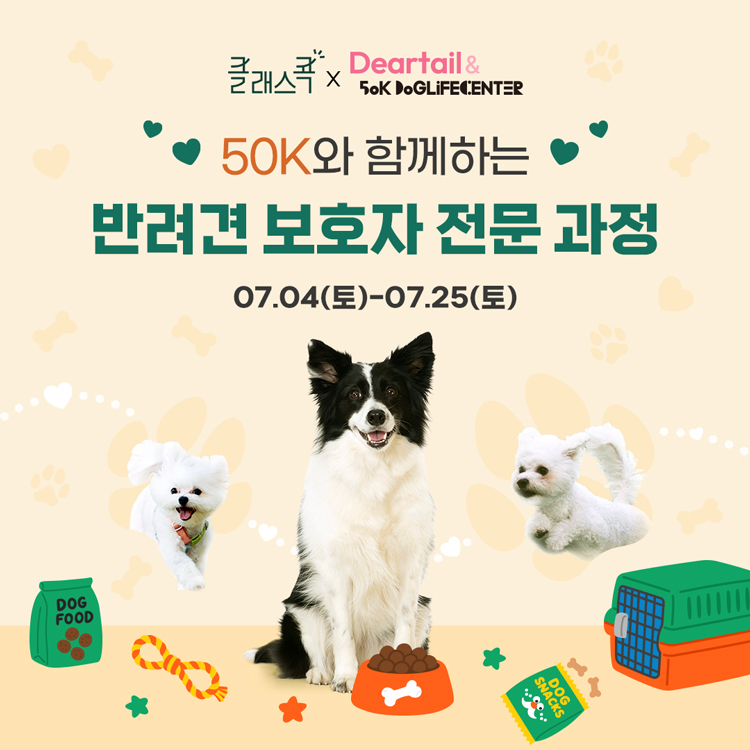 클래스콕, 디어테일 and 오십케이
50K와 함께하는
반려견 보호자 전문 과정
7월 4일 토요일부터 7월 25일 토요일
